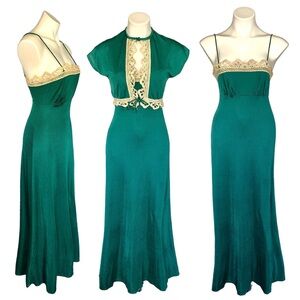 v i n t a g e :: Rare Unique Maxi Dress Gown Crochet Trim with Shrug